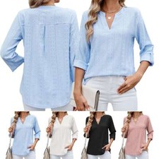Women 3/4 Sleeve V-Neck T-Shirt Summer Casual Solid Color Loose Tops Blouse Work
