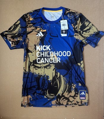 Adidas MLS Marvel Men Royal PRESHI KCC Kick Childhood Cancer Fan Jersey Medium