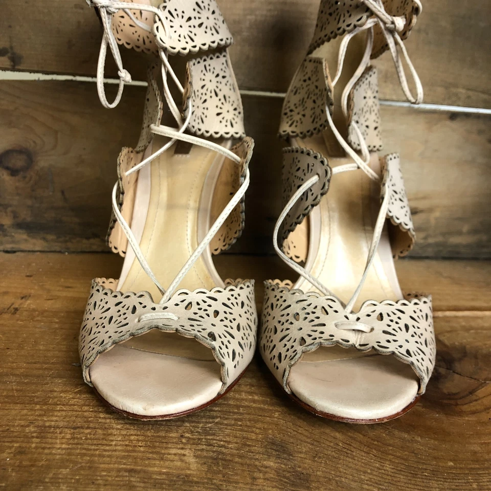 Schutz Women's Size 8 B Heels Beige Nude Leather High Stiletto Lace Up Open Toe  - Image 3 of 4