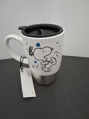 Taza de café de viaje Peanuts Snoopy blanca, cerámica azul, acero inoxidable 15 oz - Imagen 2 de 3
