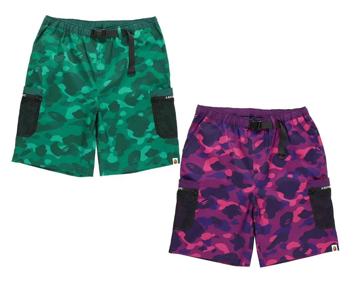 A BATHING APE Men's COLOR CAMO MESH POCKET SHORTS Green / Purple 1I30153007