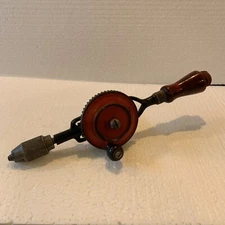 Vintage Craftsman Red Wheel Steel Wooden Handle Hand Crank Drill