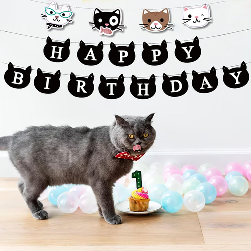 Cat Happy Birthday Banner Cat Themed Party Decoration Baby Shower Meow Birthday - Picture 4 of 5