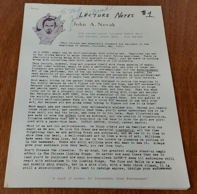 John A. Novak Lecture Notes; Novak, John, 1974 - Signed VTG Magic Book