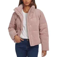 NWT! Levi's Women's Corduroy Pockets Full Zip Puffer Jacket, Pink/Cream/Black