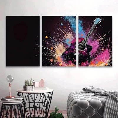 3pcs Vibrant Guitar Paint Splatter Wall Art Canvas Framed 50x70cm - Image 1 of 2