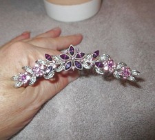 Vtg Purple Pink Rhinestones Floral Hair Comb Silvertone Wedding Glam Updo 4"