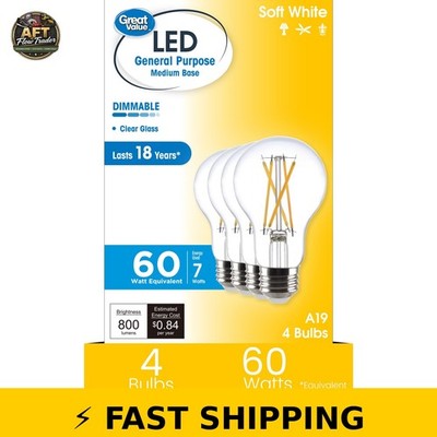 Great Value 18YR A19 LED Light Bulb 7W Dimmable Soft White 4 Pack