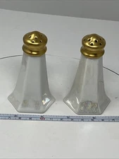 Vintage Lusterware White Iridescent Salt Pepper Shakers Gold Tops M.D.
