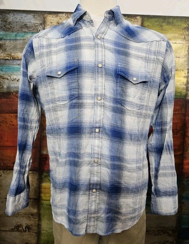 Lucky Brand Pearl Snap Button Up Shirt Men's L Blue Plaid Western Cowboy