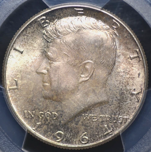 1964 KENNEDY HALF DOLLAR NGC MS 65 HAZY MEDIUM OPACITY IN A TAN MAUVISH FRECKLED
