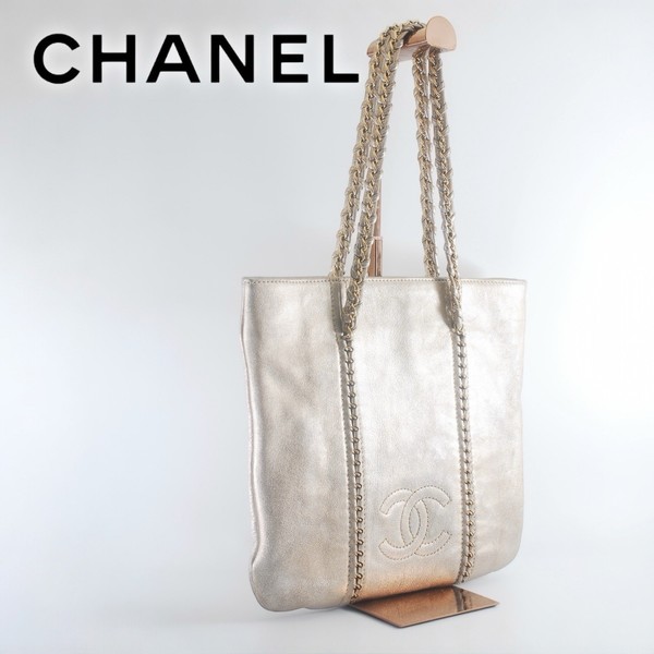 CHANEL Vintage Luxury Line Metallic Chain Tote Bag Gold Leather Italy