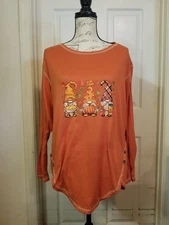 Noracora Tshirt Med. Orange Leaves Gnomes Fall LSlv ALine L/W Contrast Stitching