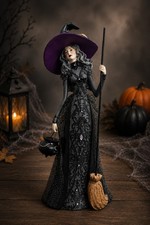 Elegant Gothic Witch Figurine Halloween Decor Halloween Broom Hat Glam Statue