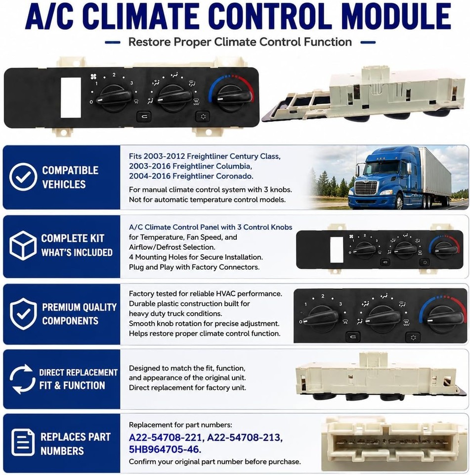 For 2003-2012 Freightliner Century Class A2254708221 A/C HVAC Temp ...