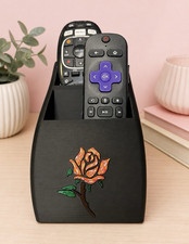 Desktop Organizer Remote Control Holder with Rose Design, Black, Hand Painted