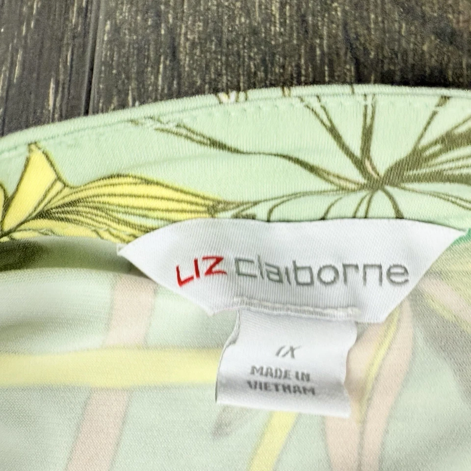 Liz Claiborne Size 1X Green Sleeveless Floral Print Stretch Blouse Tie Neck - Image 2 of 4