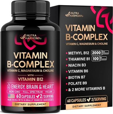 Vitamin B Complex for Men & Women - Riboflavin B2, B12, B1, B3, B5, B6, B7, B8, 