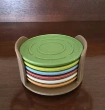 Vintage Kamenstein Rainbow Composite Coaster Set With Holder-Set Of 6