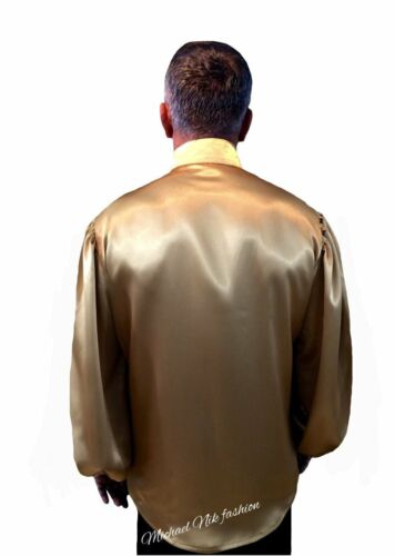 Pintuck-Pleated Silk Charmeuse Collarless Men's Puff Sleeve Shirt - Picture 4 of 7