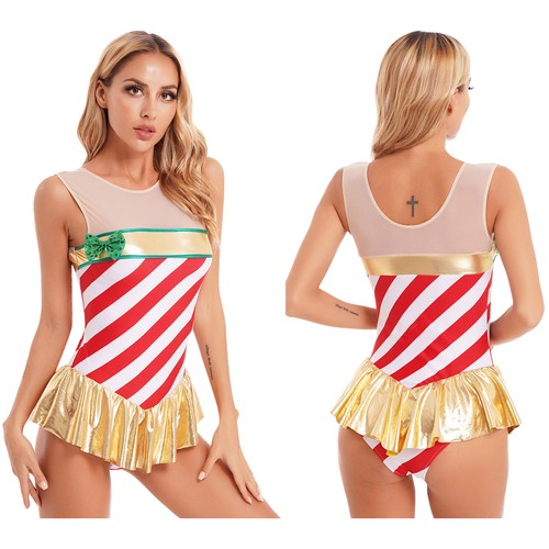 Women Christmas Ruffle Striped Leotard Skating Dress Dance Performance Costume - Picture 5 of 31