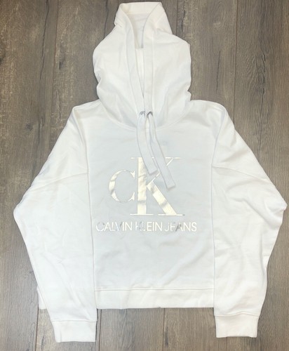 Nueva con etiquetas Sudadera con capucha Calvin Klein para mujer blanca y plateada con logotipo recortado CKJ eBay