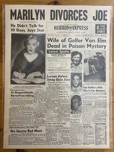 VINTAGE NEWSPAPER HEADLINE ~ MARILYN MONROE DIVORCES YANKEE JOE DIMAGGIO 1954