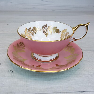 Vintage Aynsley Bone China Tea Cup & Saucer Pink Gold Gilt Leaves Numbered