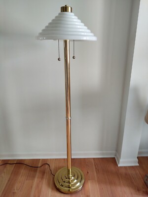   Rare 1980s Postmodern Art Deco White Opaline Glass Beehive Shade Floor Lamp 