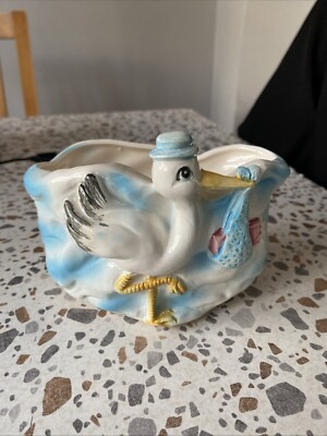 Vintage Inarco Japan Kitsch Kinderzimmer Pflanzgefäß Storch blau