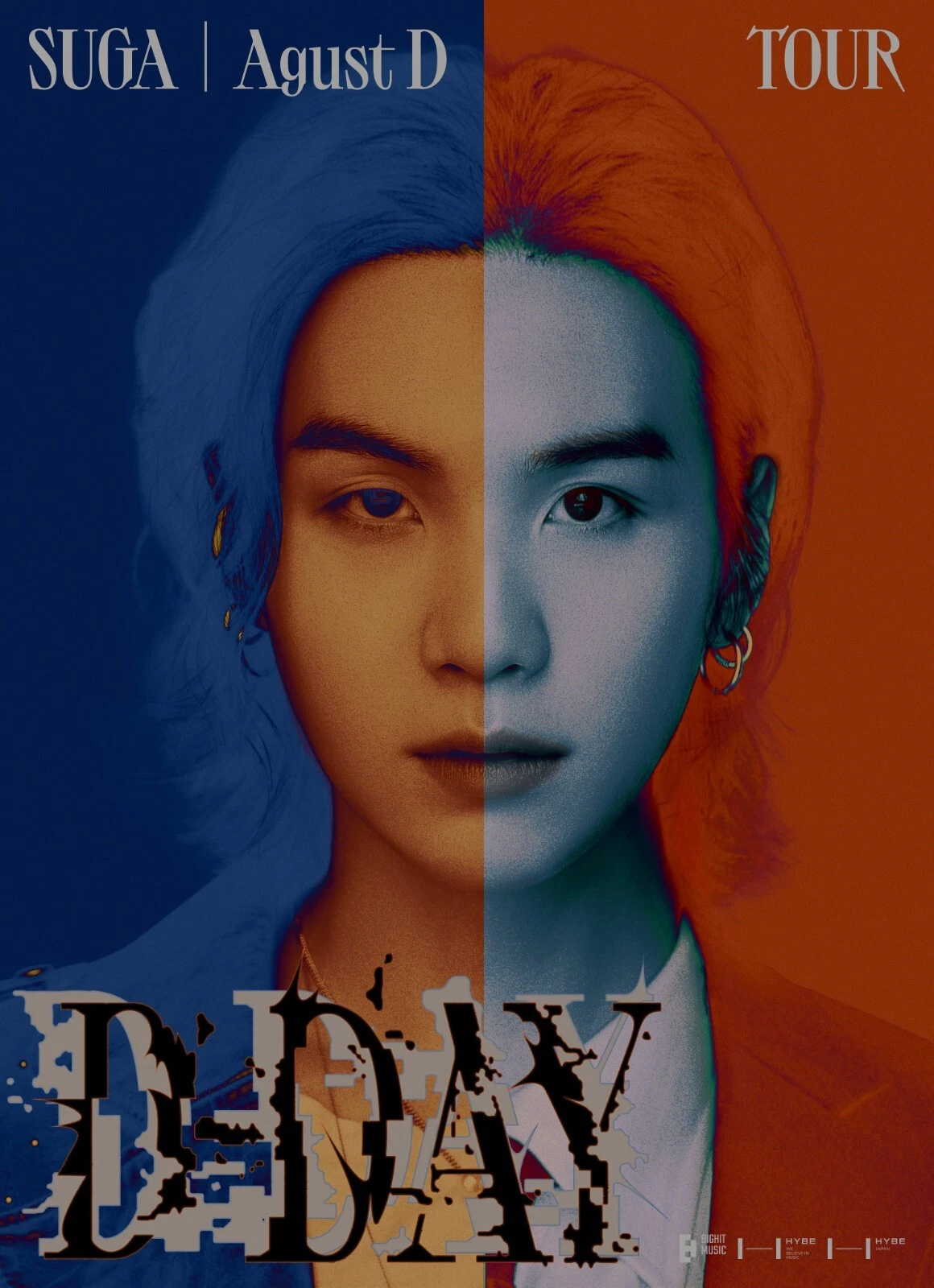 Agust D SUGA BTS album cover with two color-toned sides, black and orange, and bold “D-DAY” text.