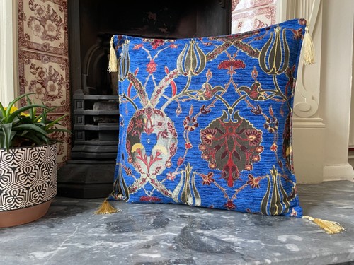 Cobalt Blue Chenille Cushion Cover Floral Throw Pillow Boho Home Decor 40x40cm - Picture 4 of 11