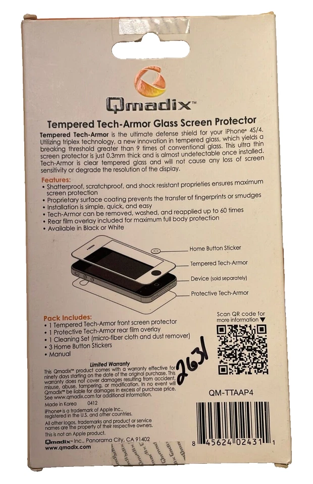 Qmadix Tempered Tech Armor Glass Screen Protector for Apple iPhone 4/4S, Black - Image 3 of 4