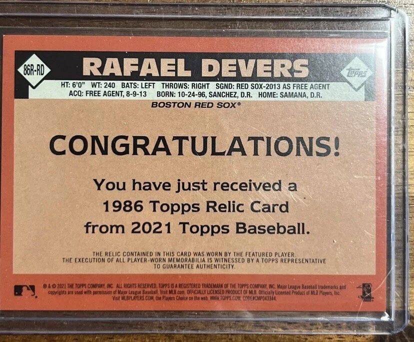 Rafael Devers 2021 Topps '86 Topps Relics #86R-RD Boston Red Sox - Image 2 of 2