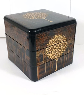Vintage Japanese Otagiri Lacquerware Bento Style 3 Tier Jewelry Box Gold Tree