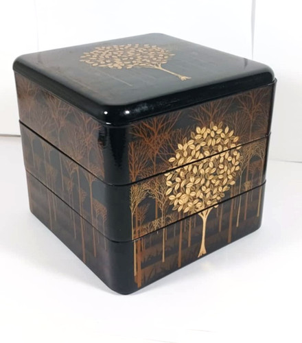 Vintage Japanese Otagiri Lacquerware Bento Style 3 Tier Jewelry Box Gold Tree