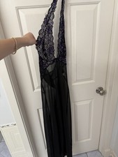 Vintage Fredericks Of Hollywood Black Purple Halter Mesh Lingerie Dress Size L