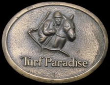 KJ16178 VINTAGE 1970s **TURF PARADISE** HORSE RACING TRACK BRASSTONE BELT BUCKLE