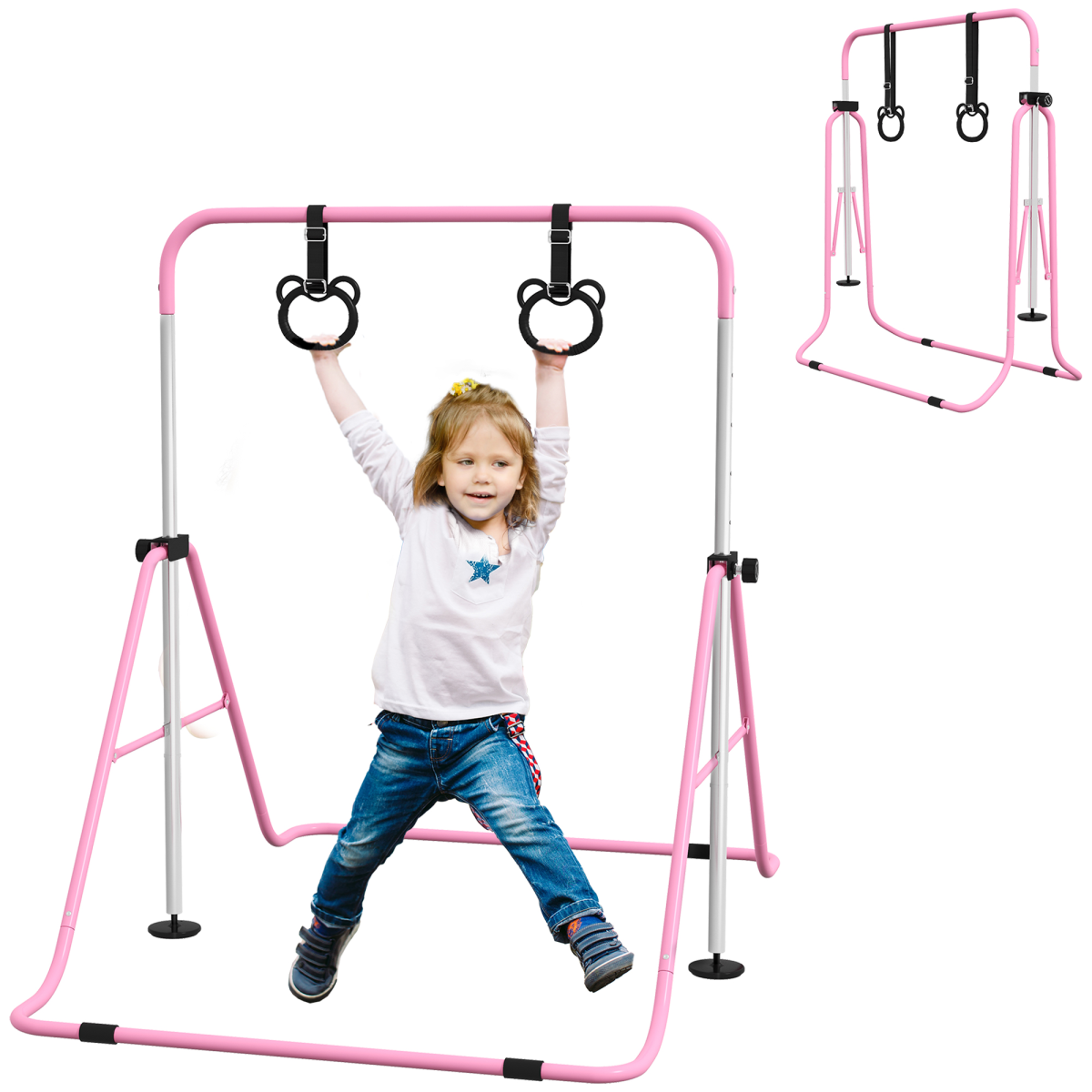 Homcom Adjustable Height Foldable Kids Gymnastics Bar, Pink - Image 2
