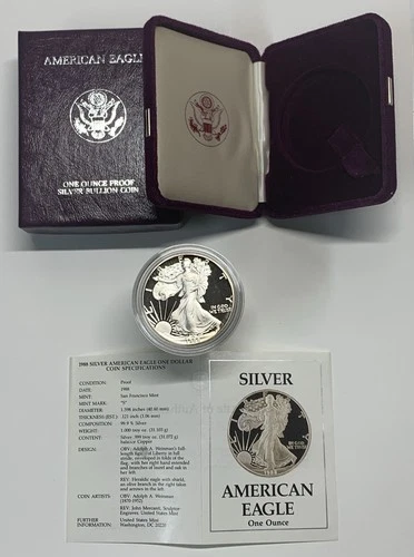 1988-S American Silver Eagle Proof 1 Troy oz .999 Fine Silver Coin in box w/COA