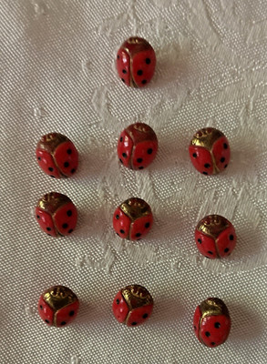       Set of 10 Vintage Red Glass Ladybug Buttons ~Glass Shank