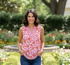 Sigrid Olsen Orange/Pink Floral Embroidered Sleeveless Top Size Medium 