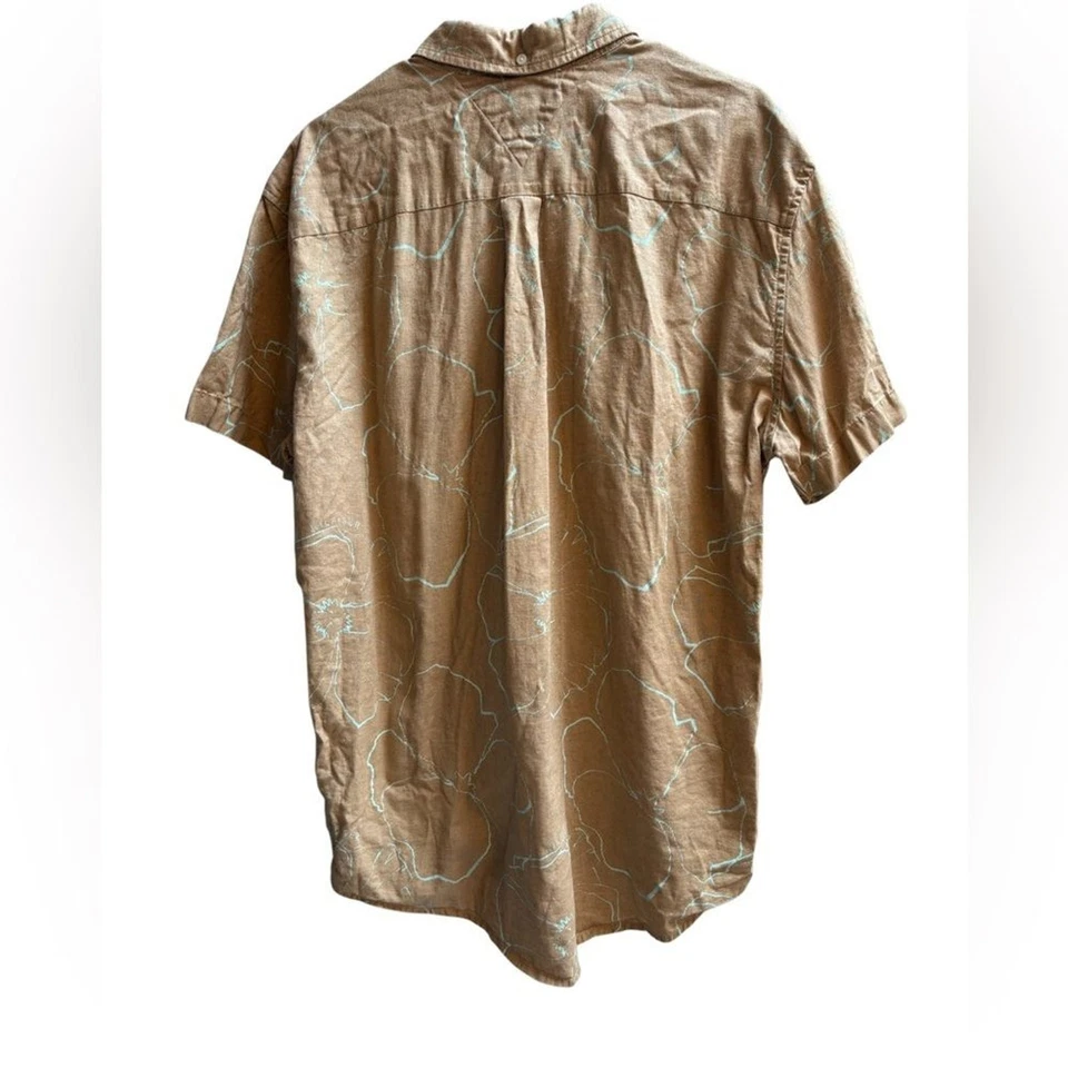 Tommy Hilfiger 夏威夷衬衫男式 XL 亚麻纽扣花卉棕褐色蓝色 — 第 3/4 张图片