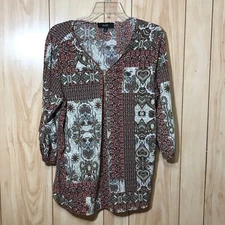 Naif Red Paisley Zipper V Neck 3/4 Sleeve Top XL
