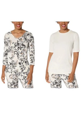 Susan Graver Women's 2pk Liquid Knit Print & Solid Tops Rococo/Ivory