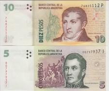 ARGENTINA SET 2 PCS 5 & 10 PESOS 2014-2015 UNC