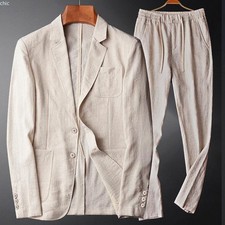 Men Two Button Suit Summer Linen Causal Blazer Pants Coat Beach
