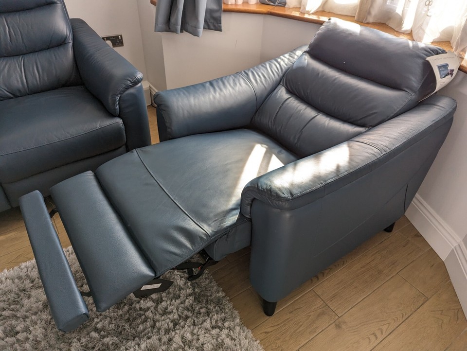 Harveys Blue Leather Reclining Sofa 1Seater Excellent Condition eBay