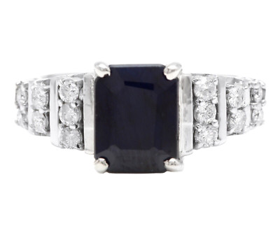 3.65Ct Natural Blue Sapphire and Natural Diamond 14K Solid White Gold Ring