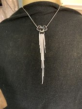 Womens Black Enamel  Rhinestone Pilgrim Danish Flower Fringe Necklace